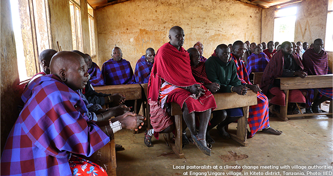 Local pastoralists at a climate change meeting with village authorities at Engang’Ungare village, in Kiteto district, Tanzania. Photo: IIED