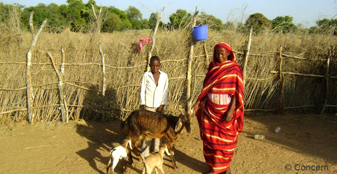 Muna Abu Jabar (43) with her son and their goats in Muglad, South Kordofan, Sudan.  Photo: Concern / Alaa Hamid al Bashir, 2012.