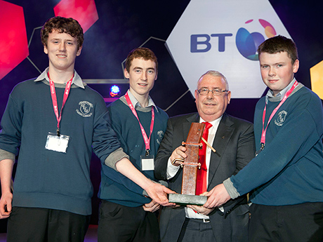 Irish Aid in Association with Self Help Africa presented by: Minister Joe Costello , Minister of State for Trade & Development Irish Aid to Fergus Jayes, Darragh O Donovan, Ciarain Crowley from Clonakilty Community College, County Cork for their project  "The design and development of an improved solar fridge"  (Copyright Fennell Photography 2013)
