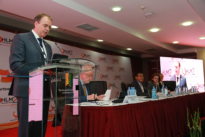 Minister McHugh Addressing the HLM2. Photo Credit: Brian Inganga