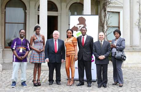 Timi Martins; Miss Africa Ireland winner, Tina Nsubuga; Minister for Trade and Development, Joe Costello TD; Miss Africa Ireland runner up, Francesca Adetayo; Ambassador of Nigeria, His Excellency Mr. Felix Yusuf Pwol; Ambassador of Morocco, His Excellency Mr. Anas Khales; Ambassador of Ethiopia, Her Excellency Mrs. Lela-alem Gebreyohannes Tedla.