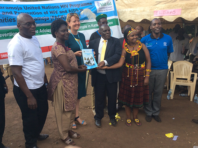 Joshua Wamboga, Dr. Christine Ondoa, Aine Doody, Moses Kizige, Amakobe Sande and Andrew Musoke. Behind in green cap is Hon. Remigio Achia. Photo by: Denis Busobozi, HIV/AIDS Advisor, Embassy of Ireland, Uganda