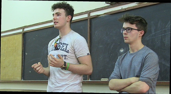 2016 winners Ruaidhrí Jordan and Ben Conlon: 2016 winners Ruaidhrí Jordan and Ben Conlon, Salesian College, Celbridge give a presentation to students at Lilongwe University of Agriculture and Natural resources in Malawi